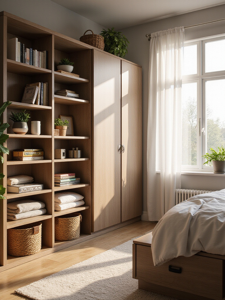 Modern bedroom with smart storage solutions: bookshelf, woven baskets, and under-bed storage.