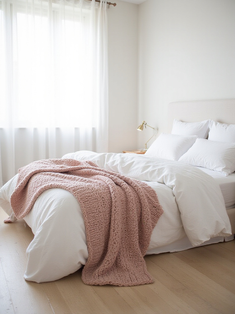 Blush pink chunky knit throw blanket draped across a white linen bed in a brightly lit bedroom.