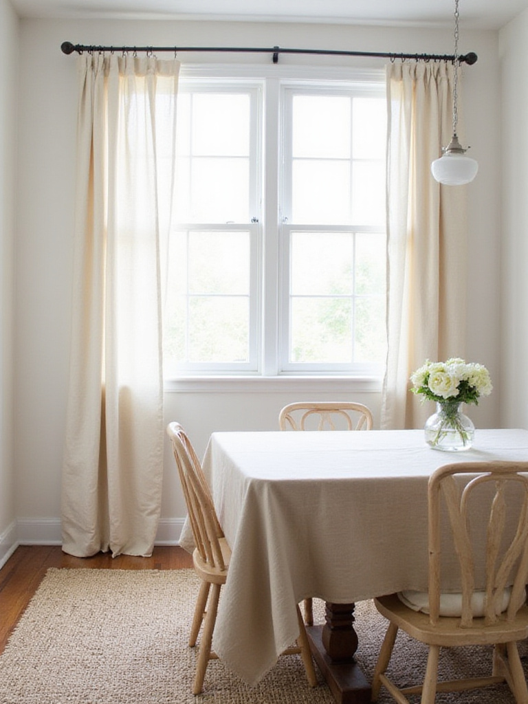 Farmhouse dining room with linen curtains and woven rug.