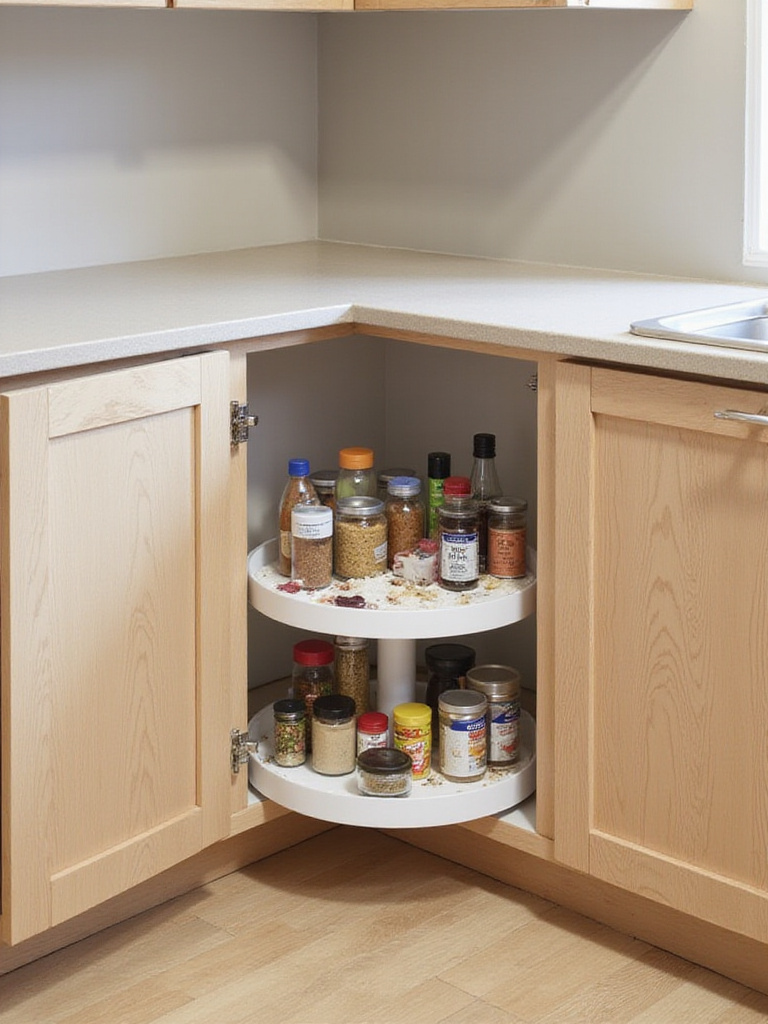 Open kitchen corner cabinet with a multi-tiered lazy susan filled with organized spices and jars, illustrating effective space utilization.