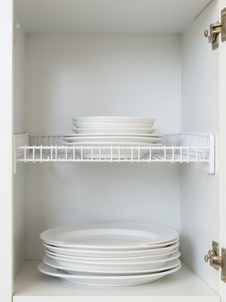 Kitchen cabinet shelf with a white wire shelf riser, showing stacks of plates on both the lower and upper levels.