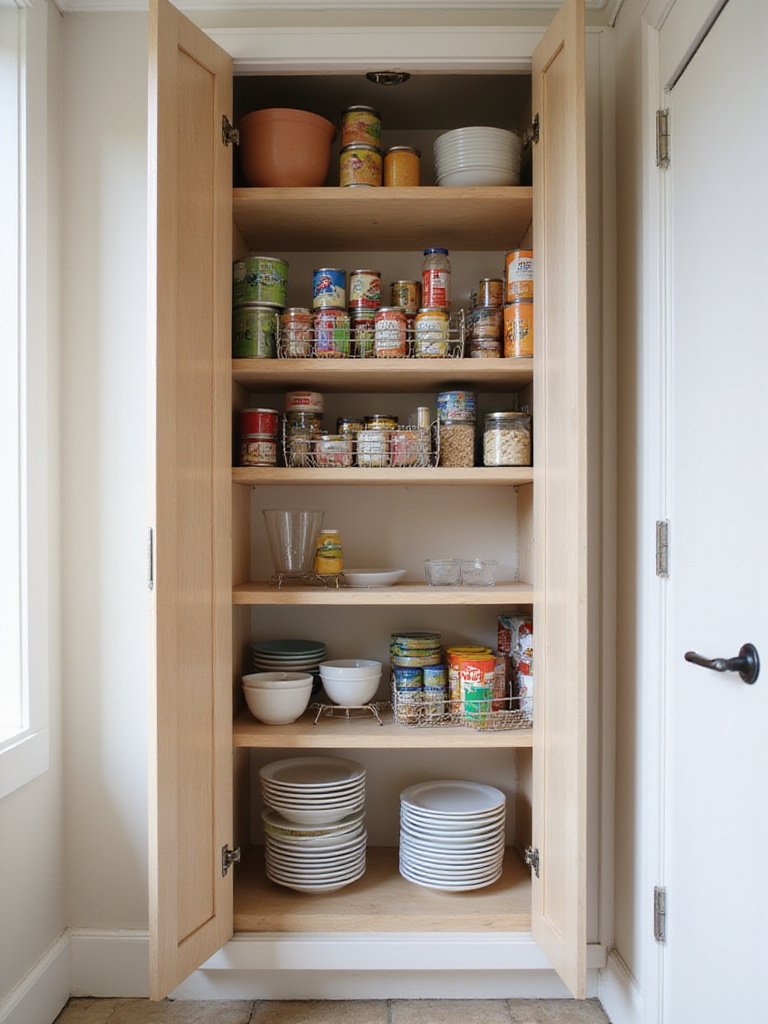 Organized kitchen pantry shelf showing canned goods stacked on a riser and plates elevated on a shelf riser to maximize vertical storage space.