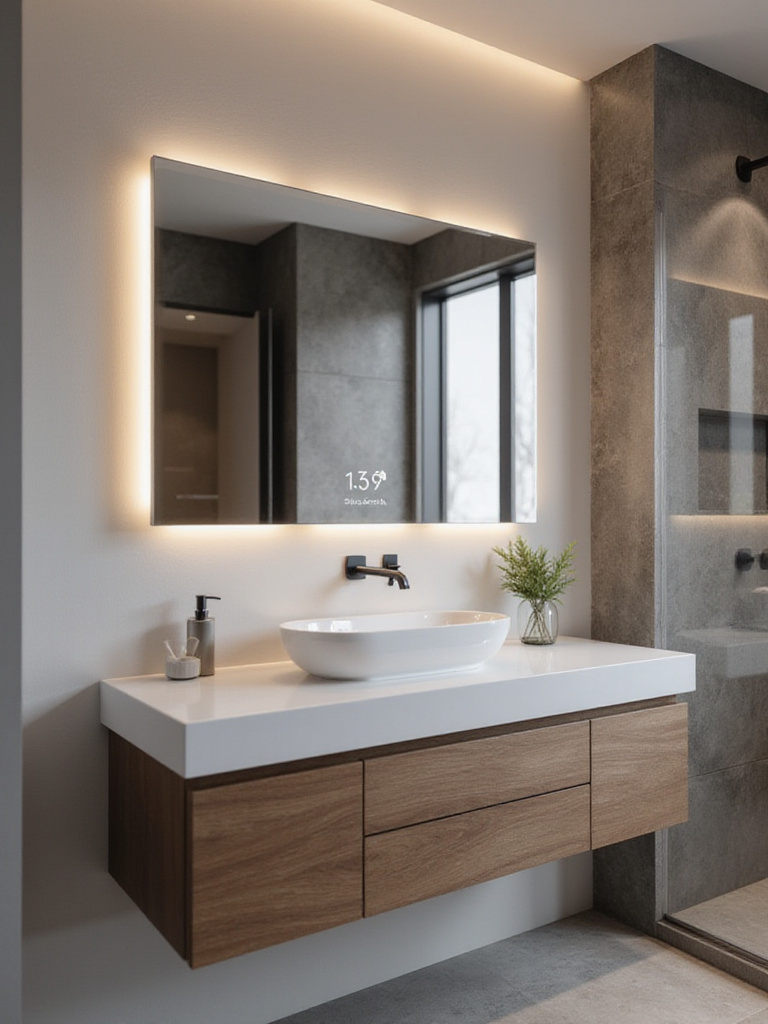 A modern bathroom featuring a large smart mirror above a minimalist vanity. The smart mirror subtly displays time and weather information.