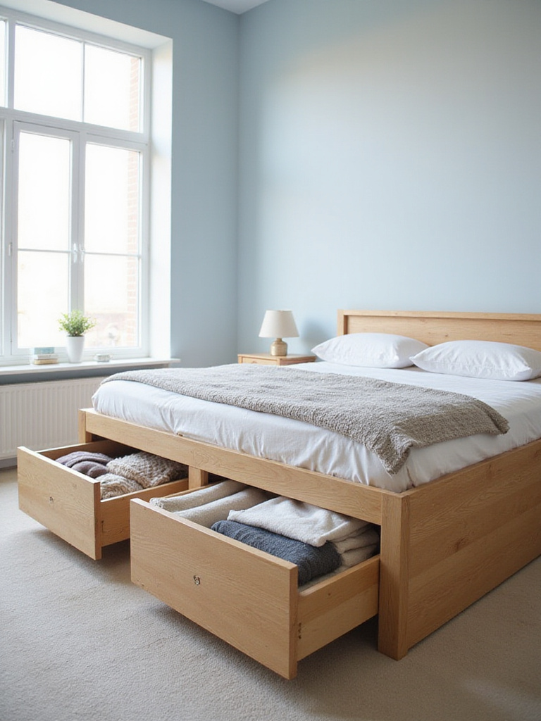 Bright bedroom featuring a light oak platform storage bed with open drawers revealing organized sweaters and blankets.