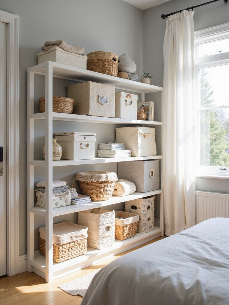 Small bedroom with decorative boxes and baskets on shelves for organized storage.