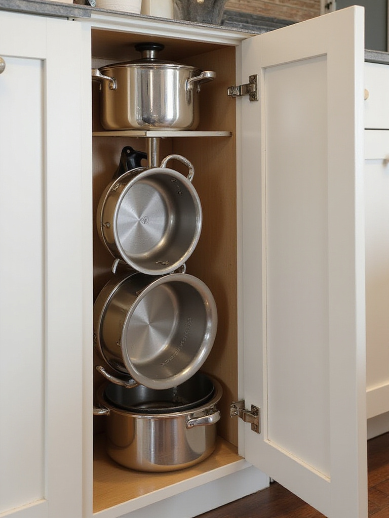 A well-organized kitchen cabinet with a vertical pan organizer displaying various pots and pans.