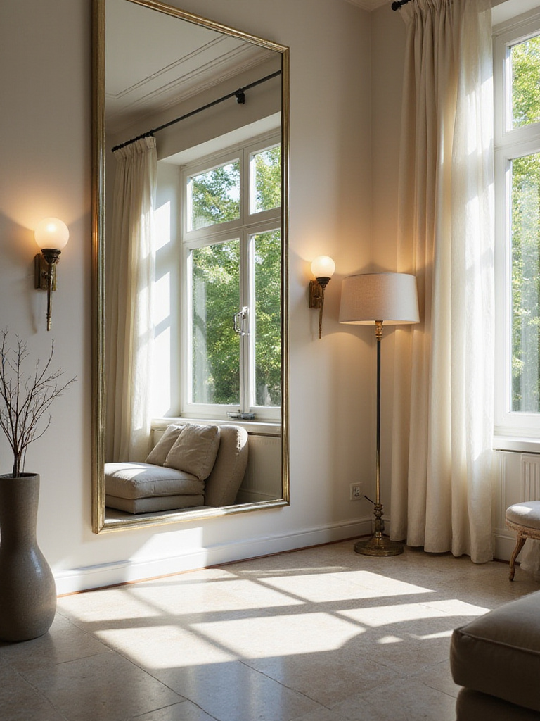 Luxury living room with a mirror reflecting natural light and outdoor scenery