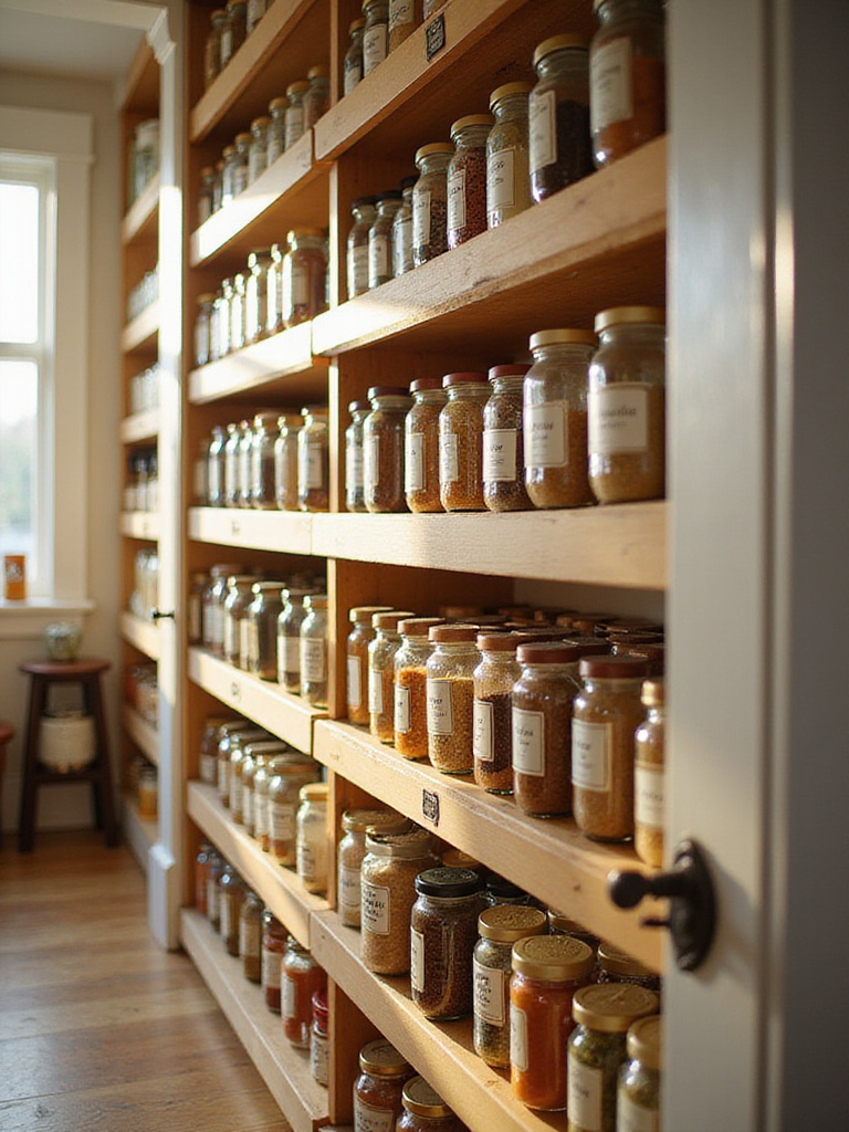 Organized kitchen pantry shelf with uniform glass spice jars on tiered risers, showing a clever storage solution for easy access.