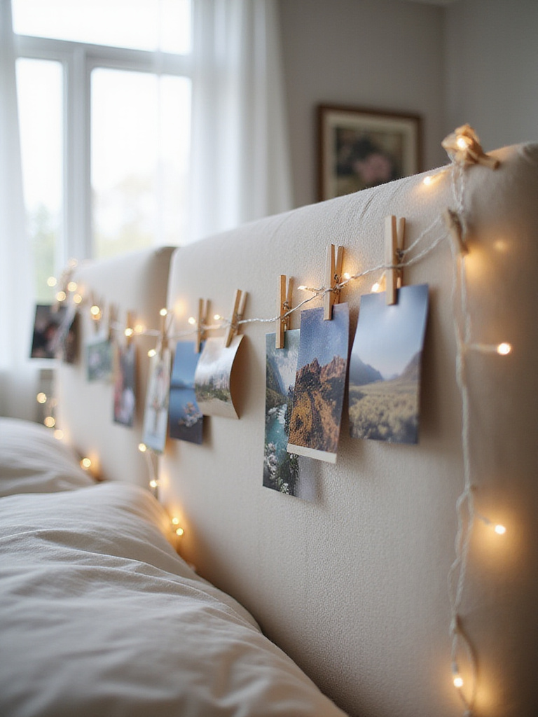 Bedroom headboard decorated with fairy lights and photos clipped with clothespins