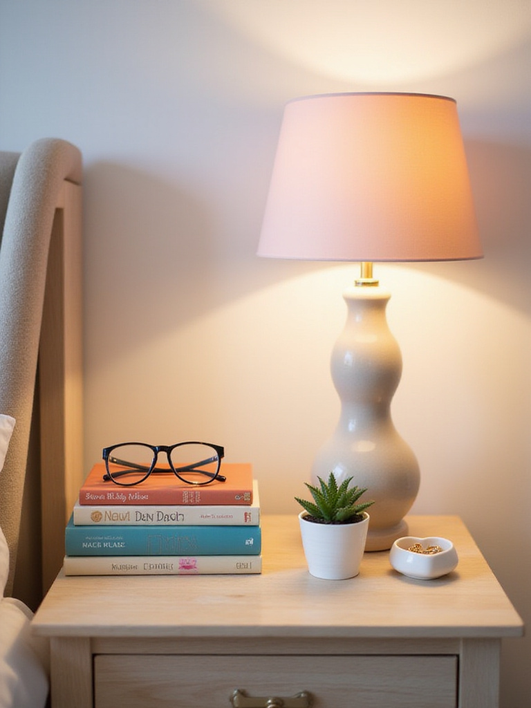 Stylized bedside table with lamp, books, succulent, and jewelry dish