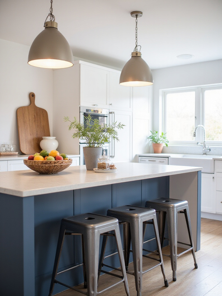 Stylish kitchen island with blue base, light countertop, fruit bowl, cutting board, plant, and pendant lights.