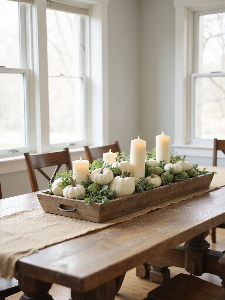 Rustic farmhouse dining room table with a centerpiece of pumpkins, gourds, and eucalyptus.
