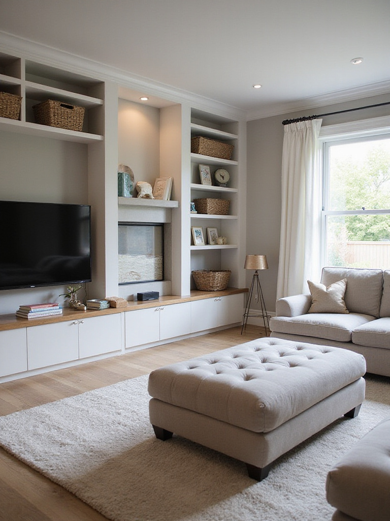 A stylish contemporary living room featuring integrated storage solutions like a media console, built-in bookcases around a fireplace, and a storage ottoman, demonstrating functional and aesthetically pleasing storage within a living room layout.