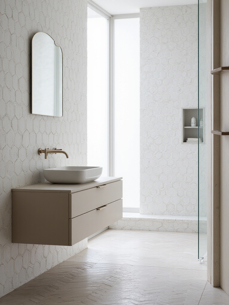Modern bathroom showcasing subtle geometric tile patterns on the wall and floor for a sophisticated design.