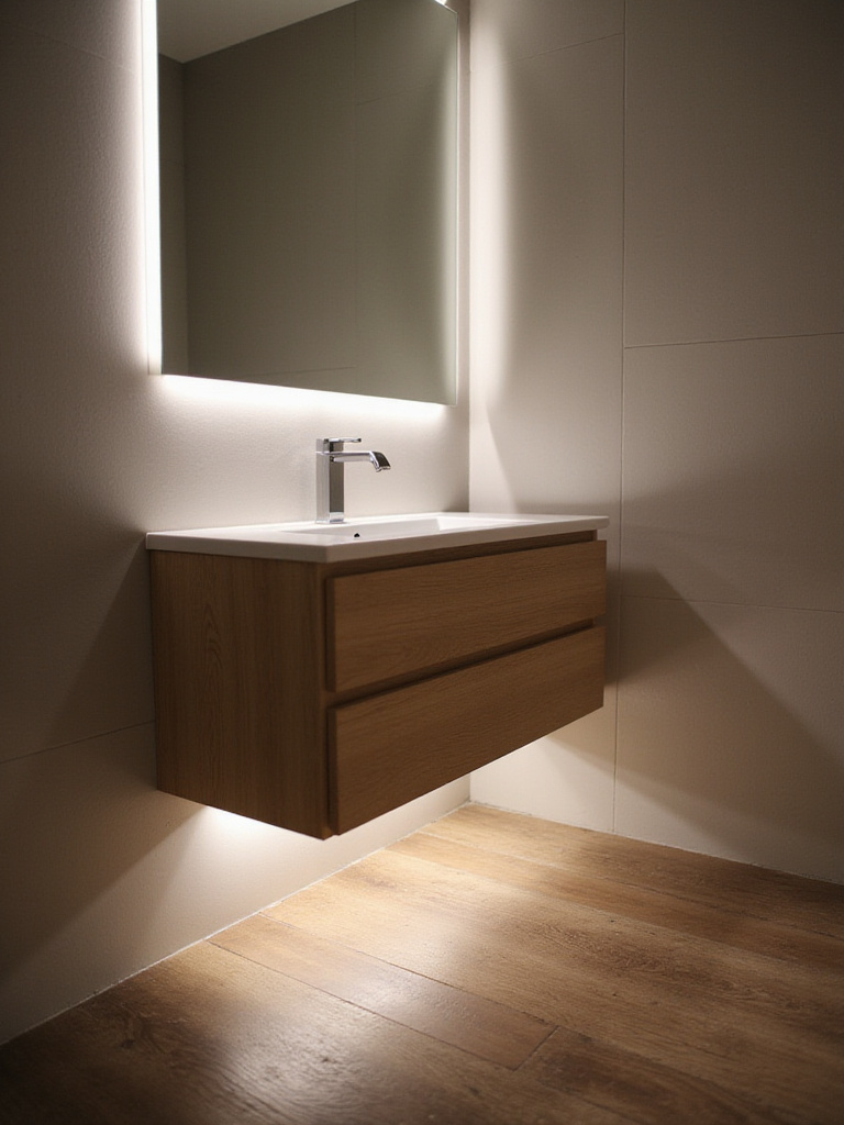 Modern bathroom with warm white under-vanity lighting creating a soft glow on the floor.
