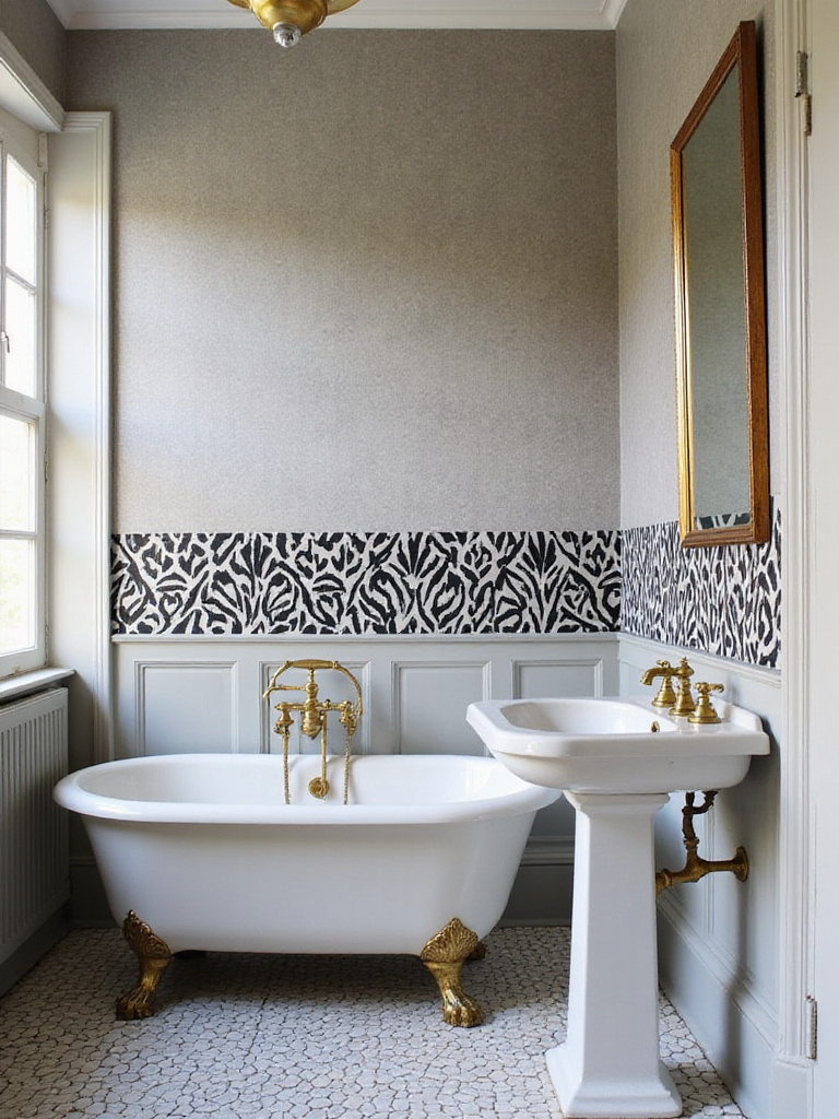 Vintage bathroom with subtle grey leopard print wallpaper on one wall and bold black and white zebra print wallpaper on an accent wall, featuring a clawfoot tub and pedestal sink.