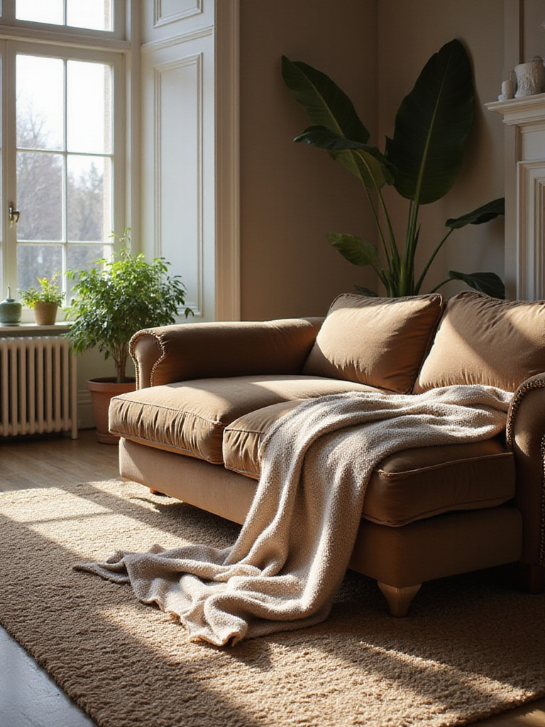 Luxurious living room featuring velvet sofa, cashmere throw, and textured wool rug