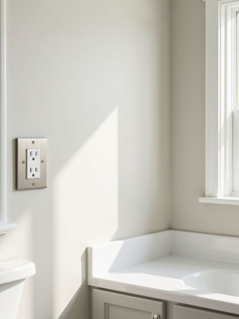 Updated brushed nickel electrical outlet cover and light switch plate on a neutral bathroom wall, illustrating a budget-friendly DIY makeover.