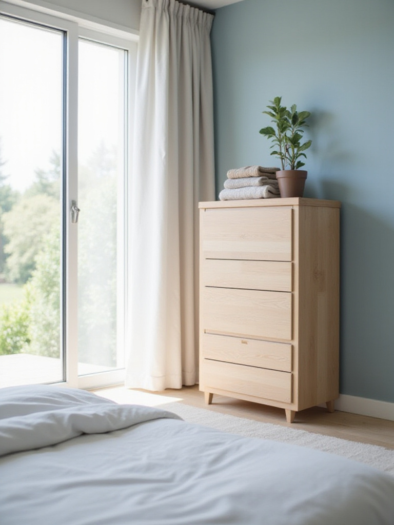 Modern bedroom interior with a light wood tallboy dresser against a pale blue wall for maximizing vertical storage.