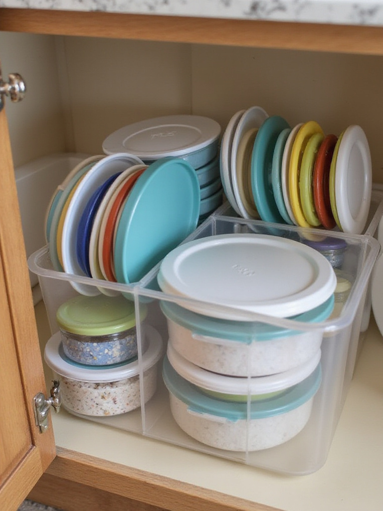 Organized kitchen cabinet with nested Tupperware containers and a bin for lids