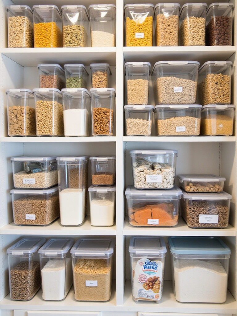 A perfectly organized pantry shelf showcasing clear, stackable airtight containers filled with various dry goods and labeled for easy identification. Includes coordinating bins for packets and smaller items, highlighting efficient food storage and pantry decluttering.