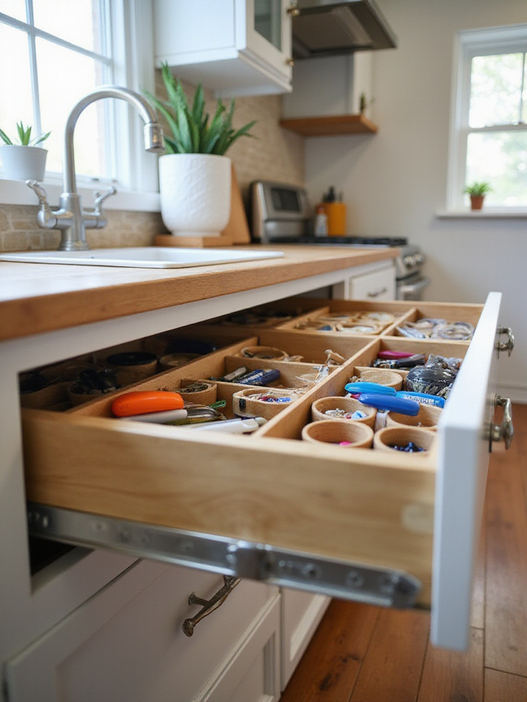 An open kitchen junk drawer showing various small items like pens, batteries, and tools neatly organized using a system of drawer dividers and small containers.