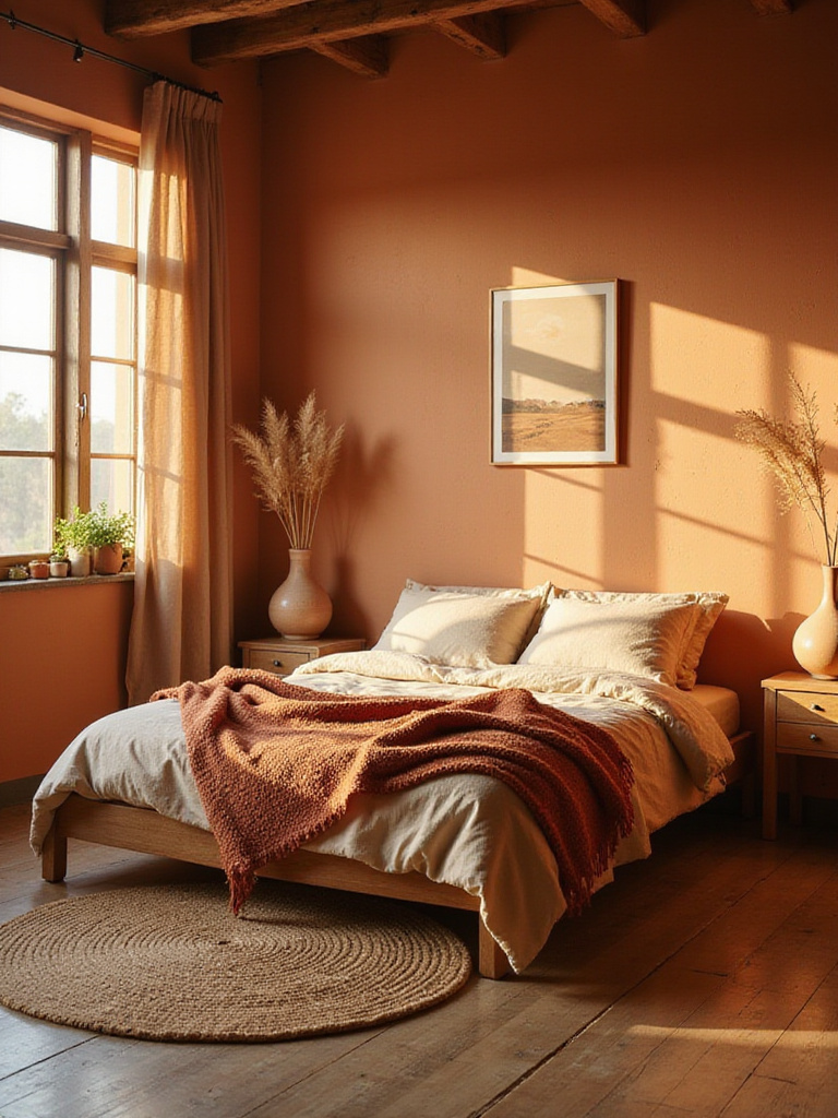 A warm, cozy bedroom decorated in the Terracotta Sunset aesthetic, featuring terracotta walls, natural wood furniture, layered linen bedding in earthy tones, a woven rug, ceramic decor, and dried plants, bathed in golden hour light.