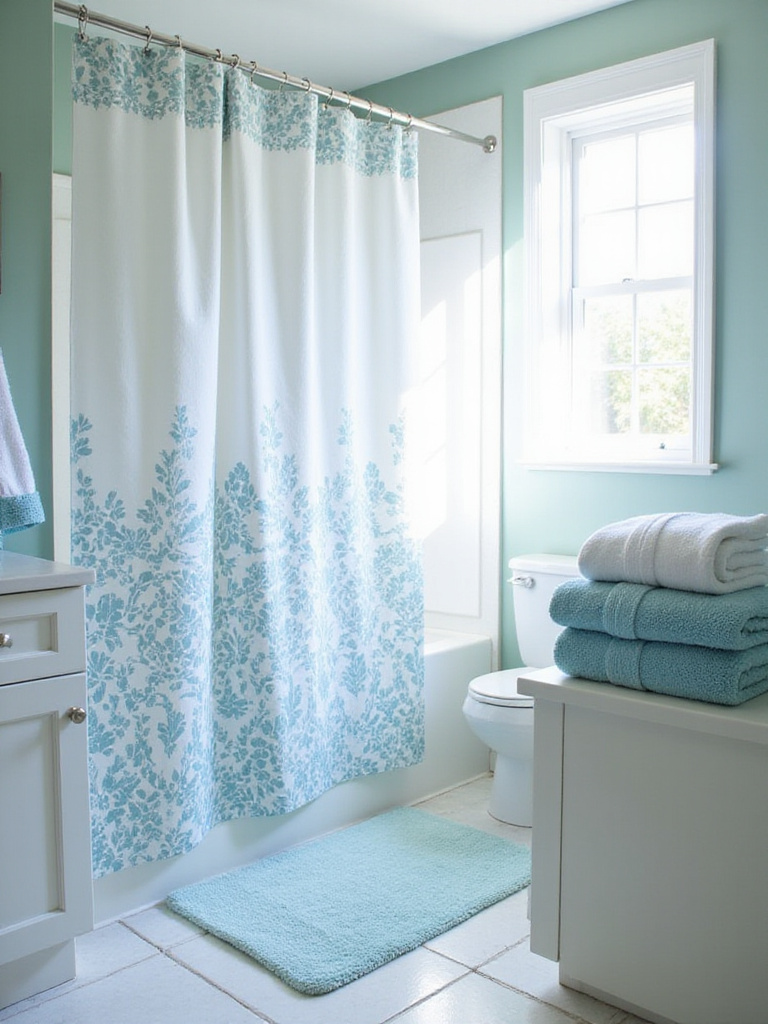 A bathroom refreshed with new textiles, including a blue and white patterned shower curtain, neatly folded blue and white towels, and a plush bath mat, illuminated by natural light.