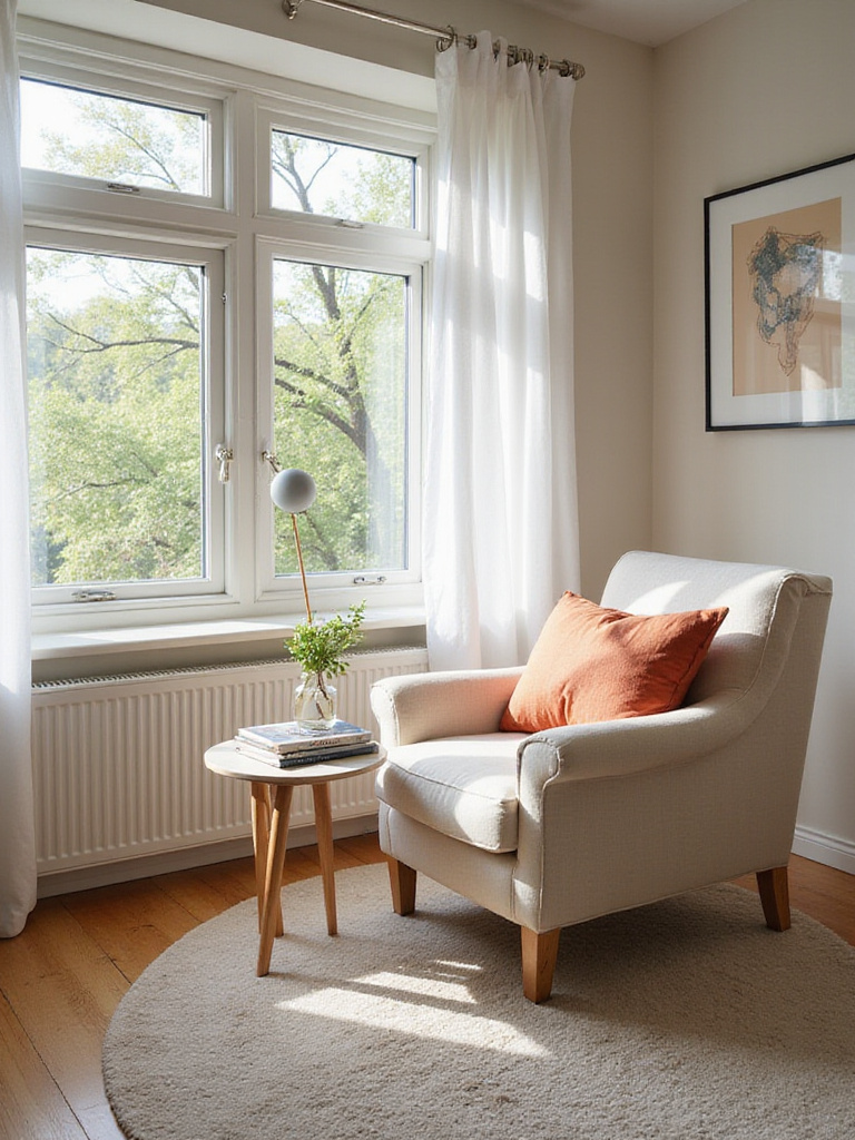Cozy bedroom reading nook with armchair, side table, and lamp