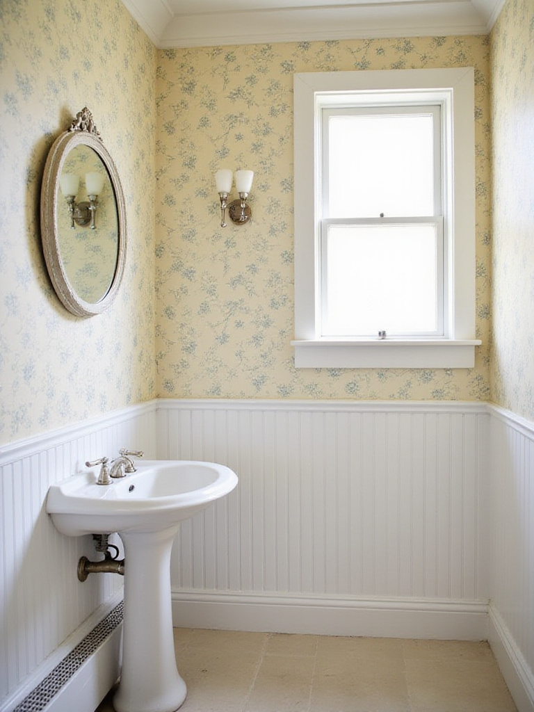 Vintage bathroom with delicate small blue and cream floral wallpaper above white beadboard wainscoting, featuring a pedestal sink and antique mirror.