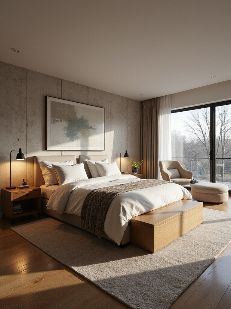 Bedroom furniture arrangement showcasing layered design and depth