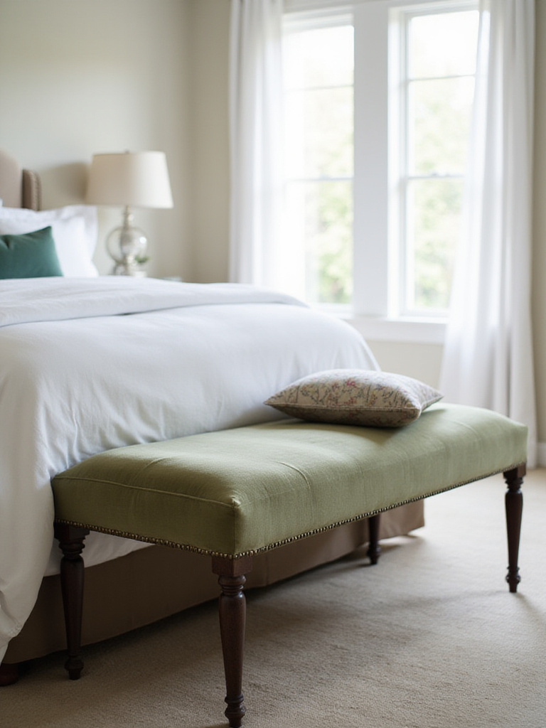 Bedroom bench at the foot of a bed, upholstered in soft green velvet with decorative pillows.