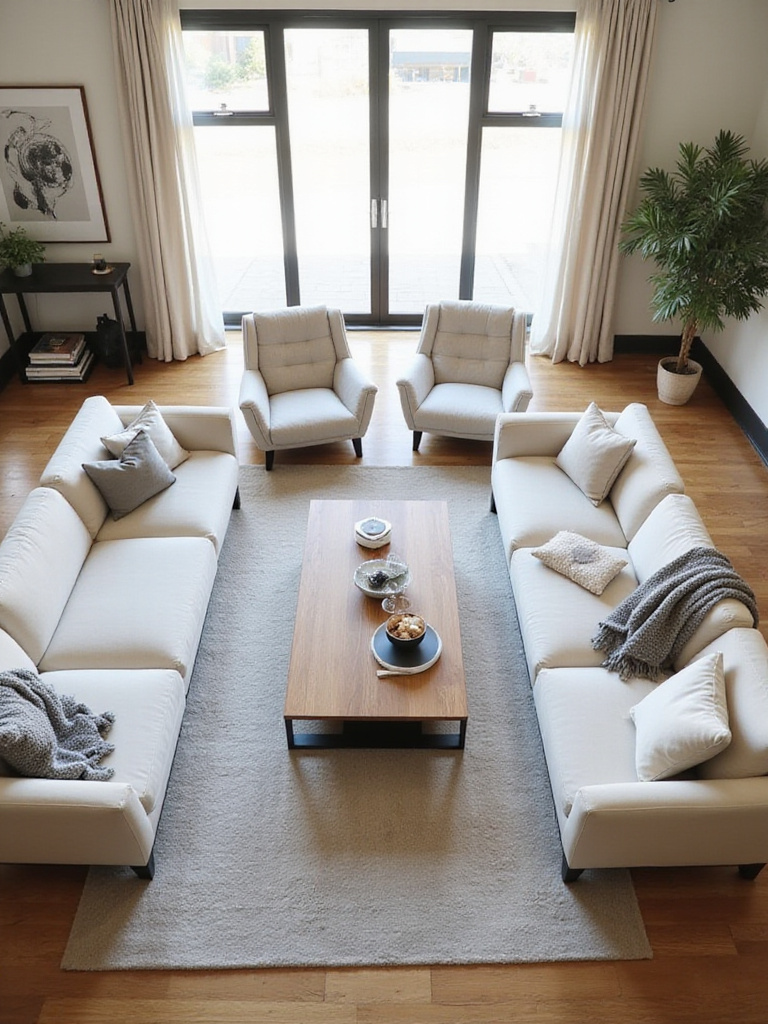 Modern living room layout showing a coffee table optimally positioned between a sofa and armchairs, demonstrating its role as a central hub for seating and function.
