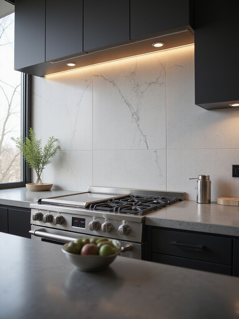 Modern kitchen featuring a large format light grey porcelain tile backsplash with subtle white veining, showcasing elegance and durability.