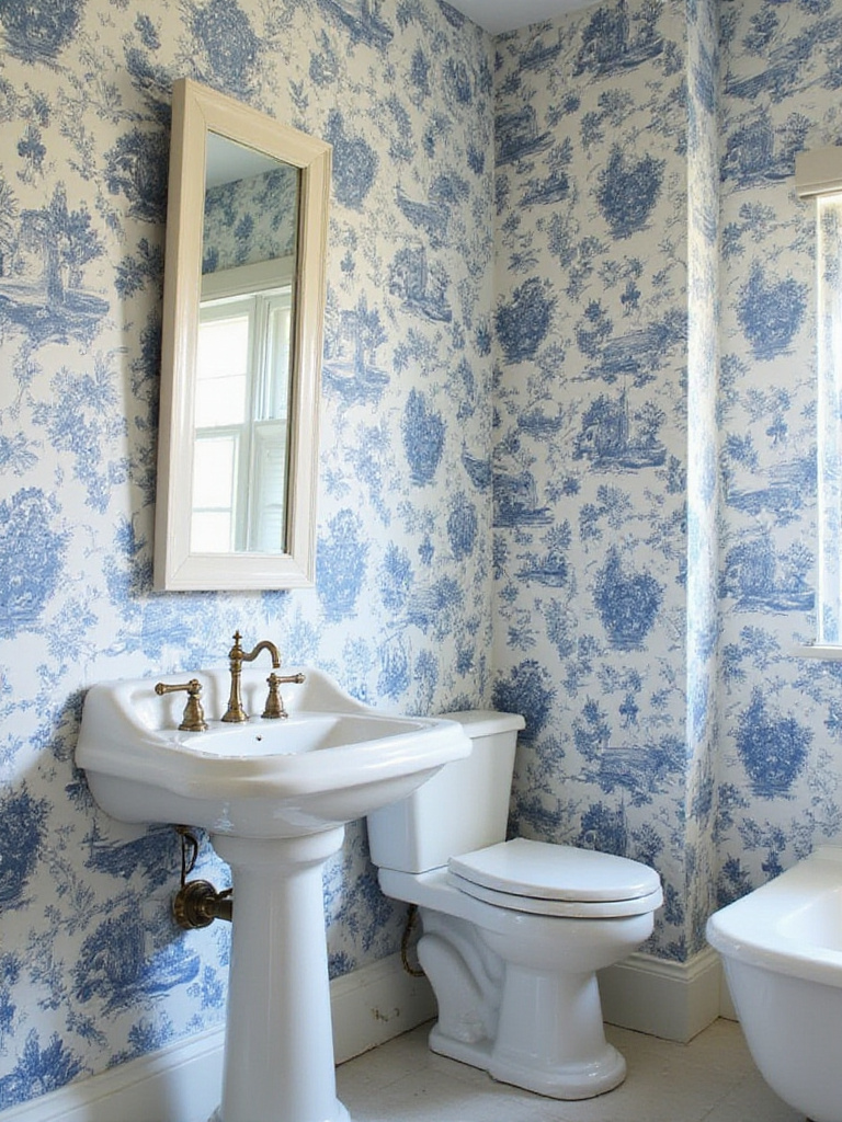 Bathroom with blue and white vintage toile de jouy wallpaper, pedestal sink, and classic fixtures.