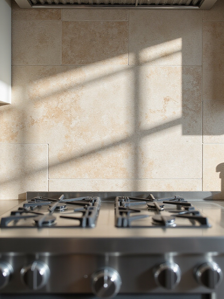 Close-up view of a sealed natural stone kitchen backsplash showing water droplets beading on the surface, indicating protection against stains and moisture.