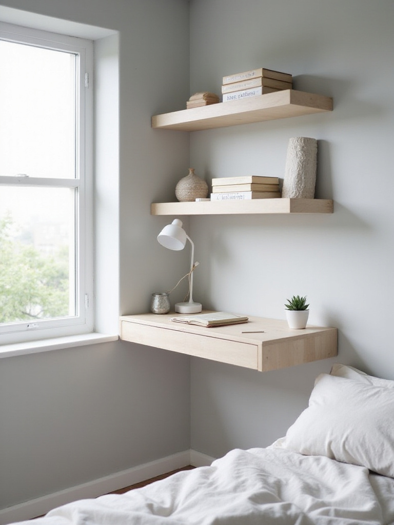 Bedroom with a minimalist floating desk, creating a functional and serene workspace.