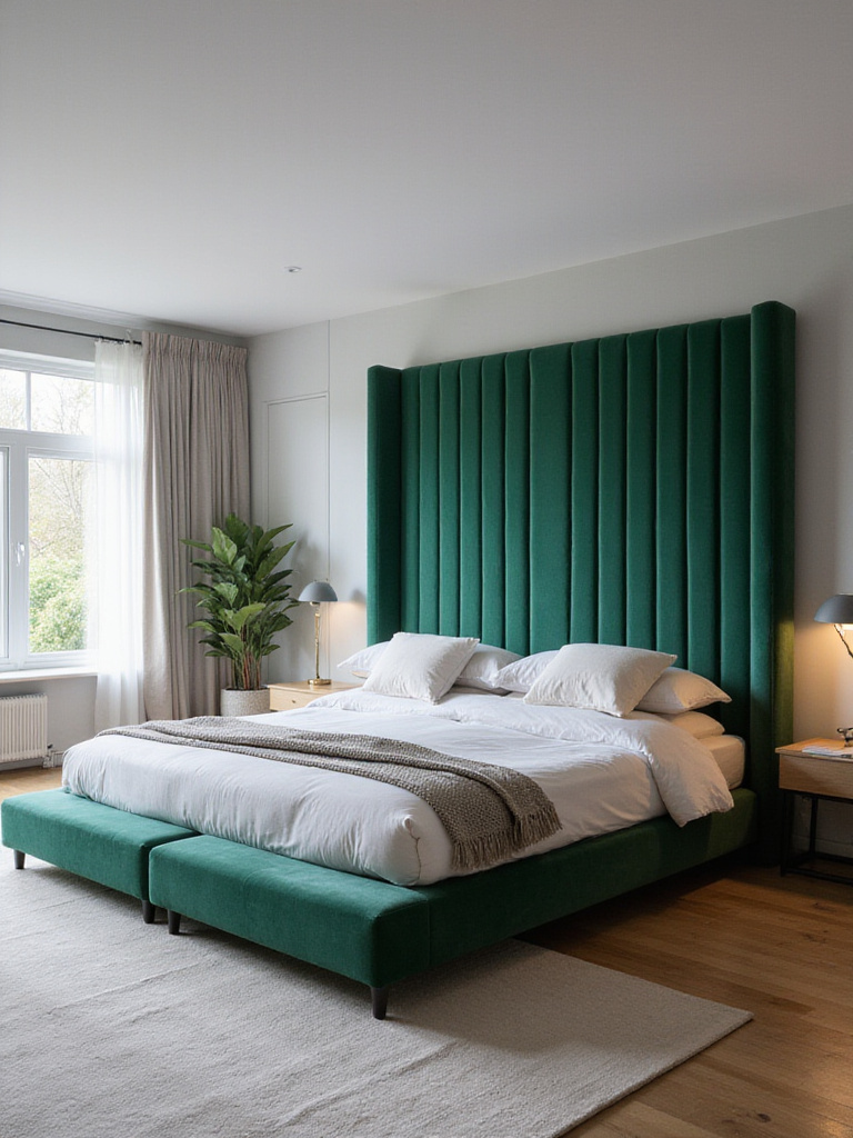 Emerald green velvet statement headboard in a modern bedroom