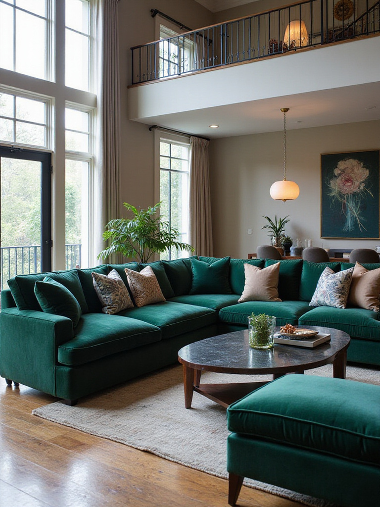 Luxury living room with a velvet statement sofa as the focal point.