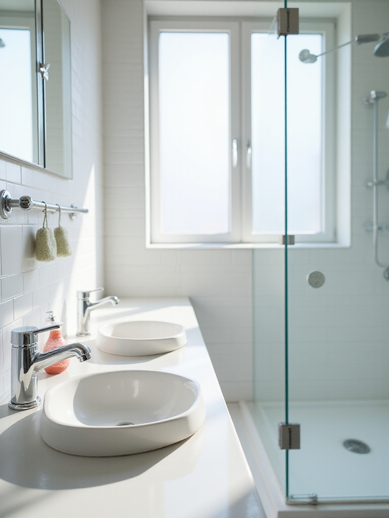 A sparkling clean bathroom after a professional-level deep scrub, showcasing bright grout, shiny fixtures, and spotless surfaces as part of a budget makeover.