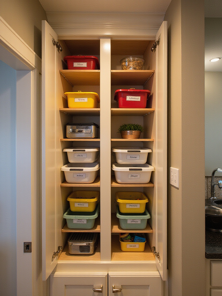 A small kitchen with labeled bins on top of cabinets for organization.