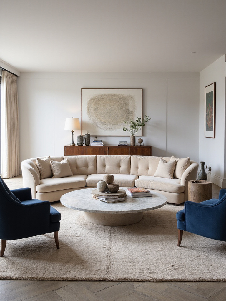 Luxurious living room with a thoughtfully arranged seating area featuring a curved sofa and armchairs.