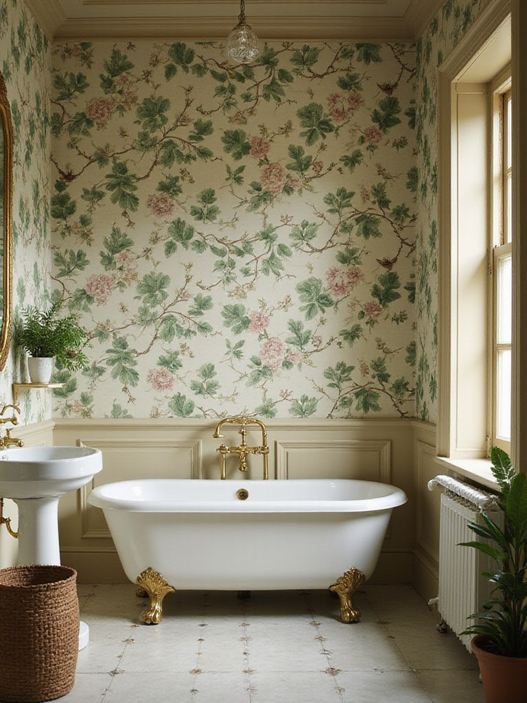 Vintage bathroom with lush green botanical wallpaper featuring roses and birds, a clawfoot tub, and pedestal sink.