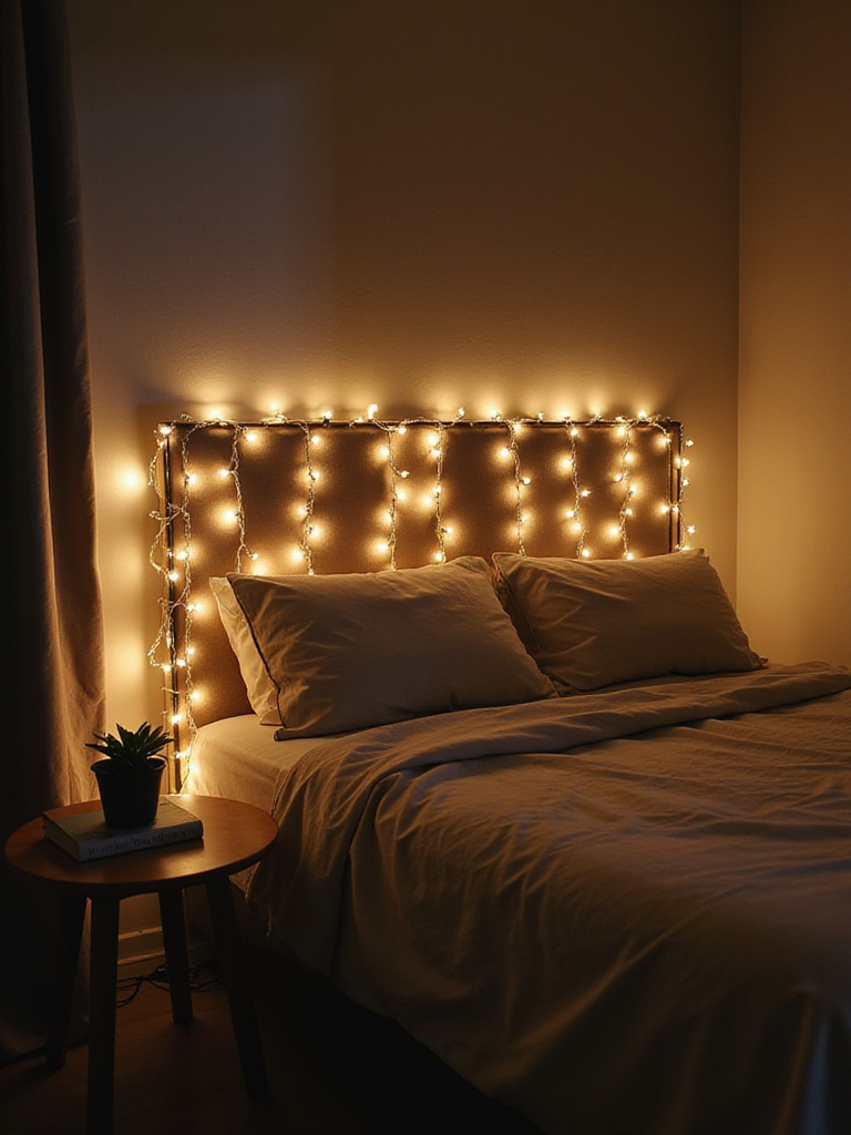 Bedroom with fairy lights draped across the headboard