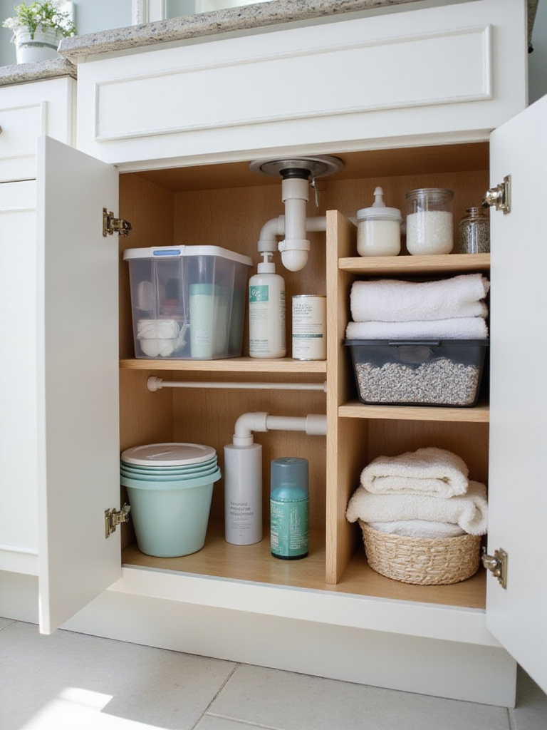 An open bathroom vanity cabinet showing an organized under-sink space with various storage bins and shelves holding toiletries and cleaning supplies, demonstrating effective budget organization around plumbing pipes.