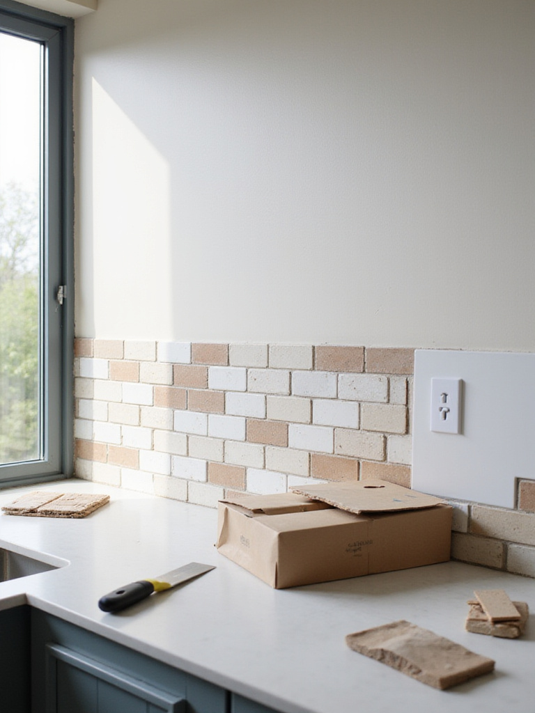 Kitchen wall with a partially installed backsplash, showing different tile options and materials, illustrating the cost considerations of a tile project.