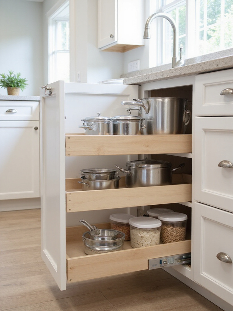 Open kitchen cabinets revealing modern pull-out shelves filled with organized pots, pans, and pantry items, showcasing efficient kitchen storage solutions.