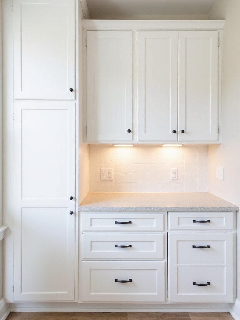 White shaker kitchen cabinets with matte black bar pulls, illustrating how updated hardware transforms the space.