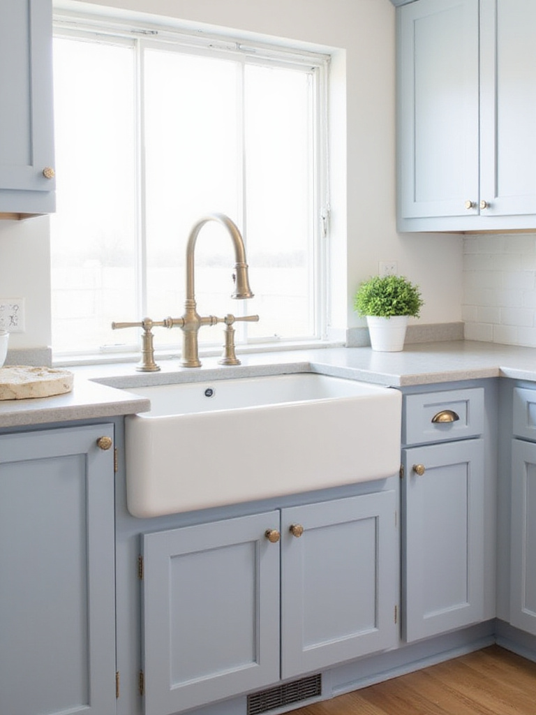 Stylish kitchen sink area with a white farmhouse sink and a brushed brass bridge faucet, set against a light grey countertop and blue-grey cabinets.