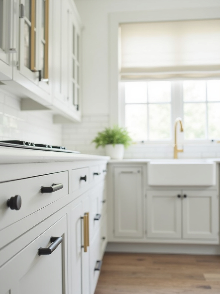 Kitchen with gray cabinets featuring brass knobs and matte black pulls.